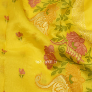 Dark Yellow Tussar Banarasi Silk Saree with Tassels