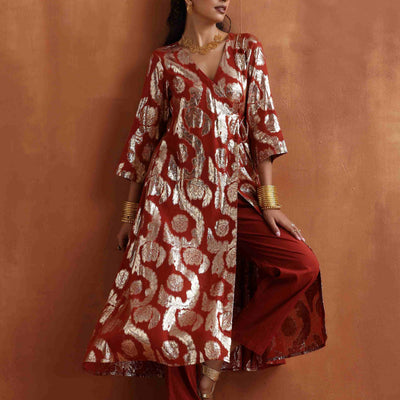 trueBrowns Rust Metallic Angrakha Kurta Set
