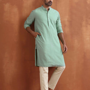 trueBrowns Men's Green Cotton Dobby Kurta