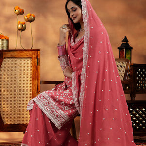 Coral Embroidered Silk Blend Straight Suit With Dupatta