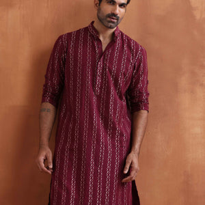 trueBrowns Men's Dark Purple Cotton Dobby Kurta