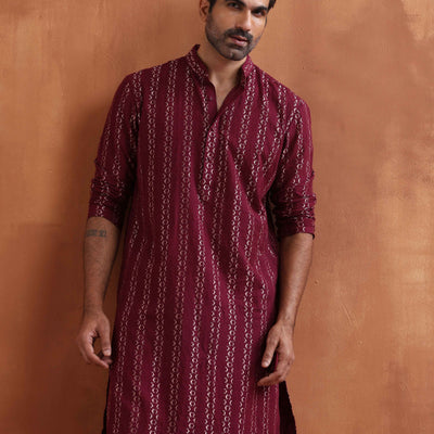 trueBrowns Men's Dark Purple Cotton Dobby Kurta