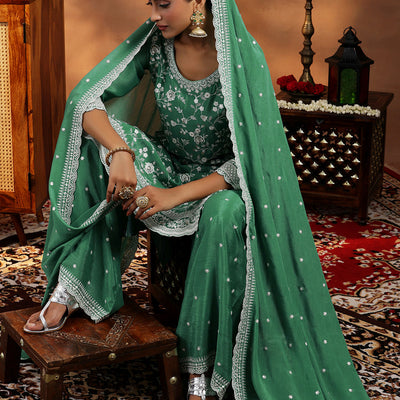 Green Embroidered Silk Blend Straight Suit With Dupatta