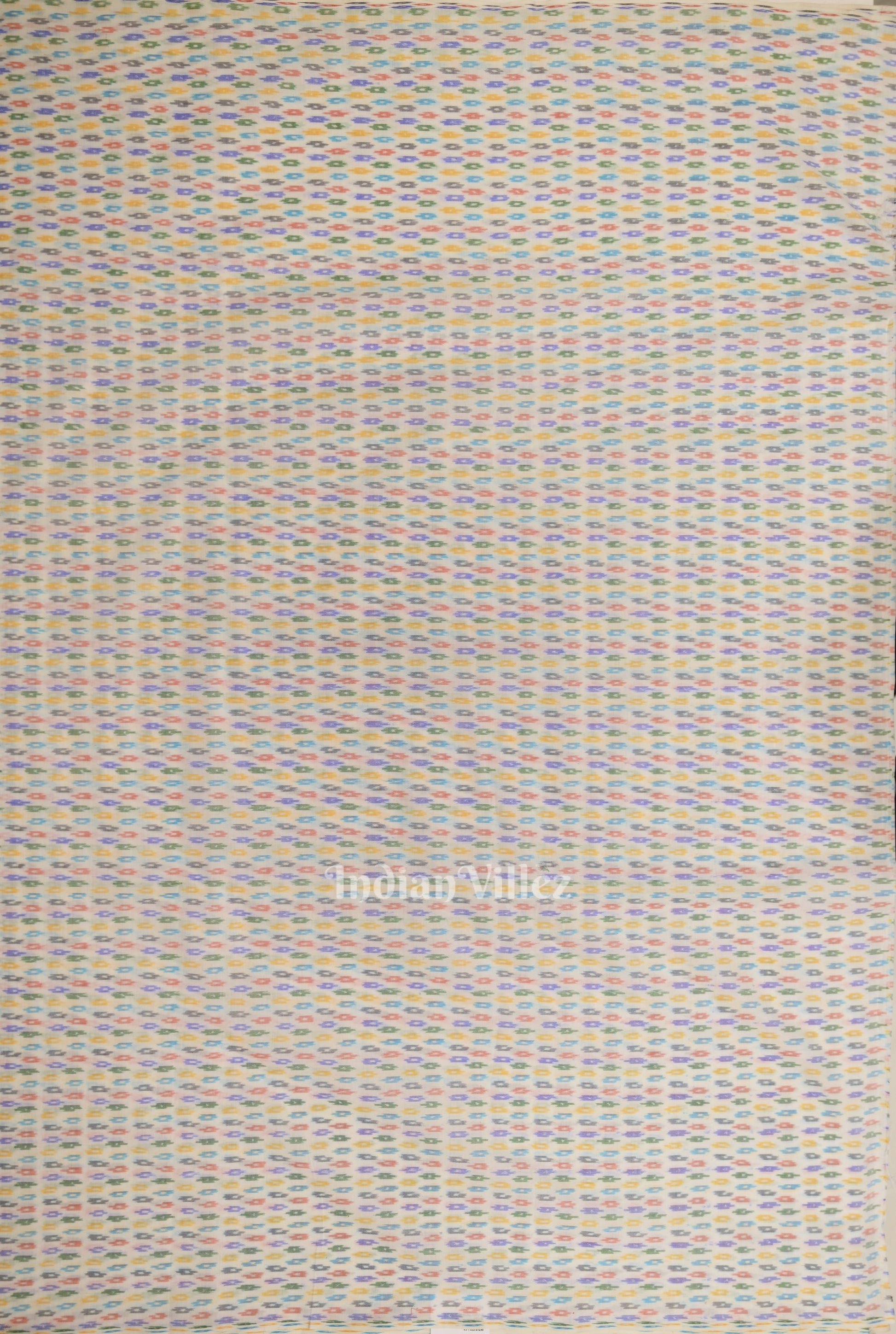 White with Multi Color Pochampally Ikat Silk & Cotton (Sico) Fabric