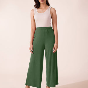 Women Solid Dark Olive Viscose Mid Rise Knit Palazzos