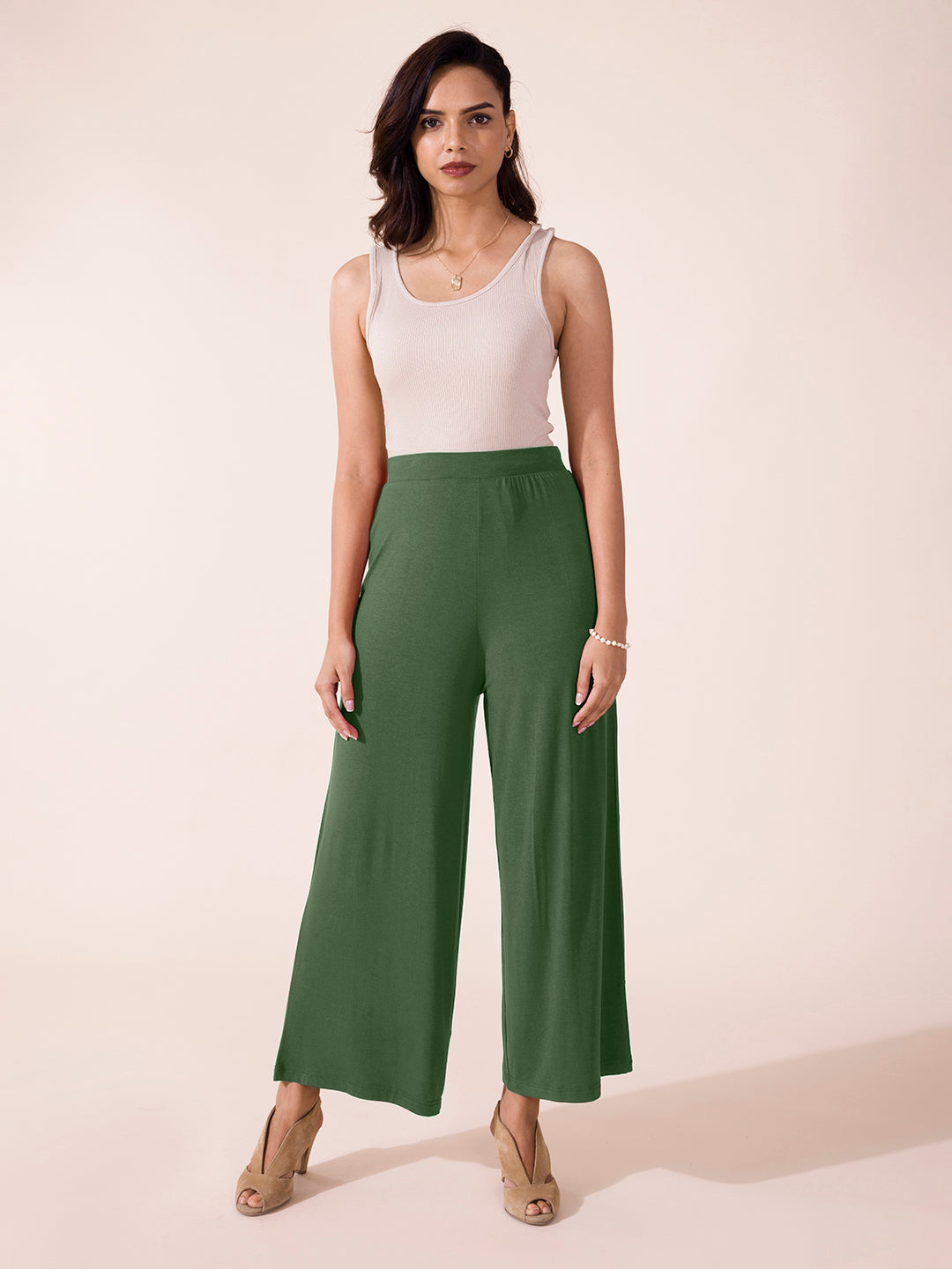 Women Solid Dark Olive Viscose Mid Rise Knit Palazzos