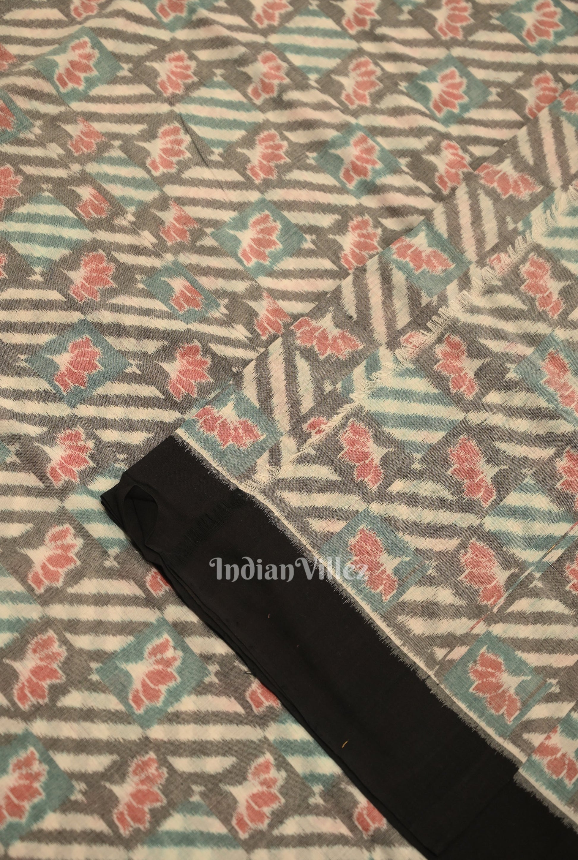 Cement Gray Lotus Motif Sambalpuri Ikat Cotton Fabric