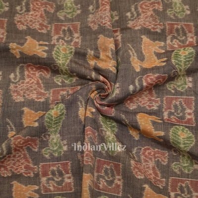 Cement Gray Jungle Theme Sambalpuri Odisha Ikat Cotton Fabric