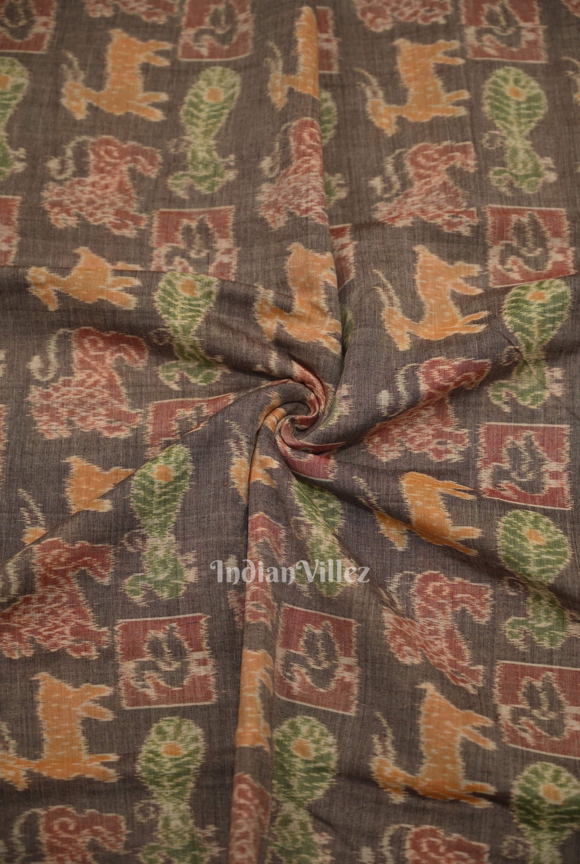Cement Gray Jungle Theme Sambalpuri Odisha Ikat Cotton Fabric