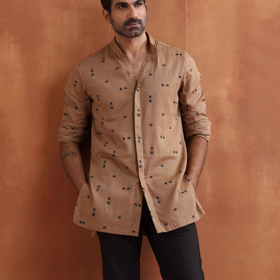 trueBrowns Men's Brown Printed Short Kurta