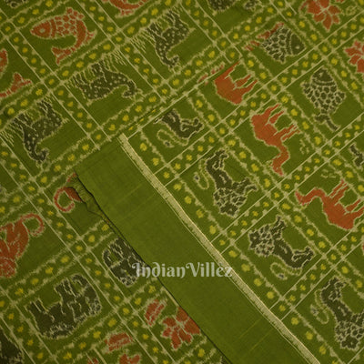 Green Animal Kothi Sambalpuri Ikat Cotton Fabric