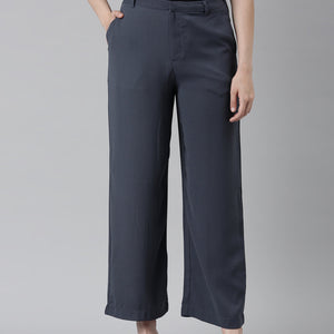Women Solid Dark Jean Blue High Rise Crepe Wide Pant