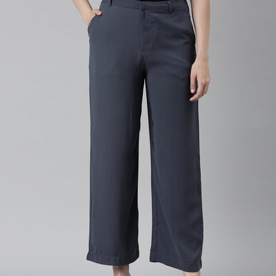 Women Solid Dark Jean Blue High Rise Crepe Wide Pant