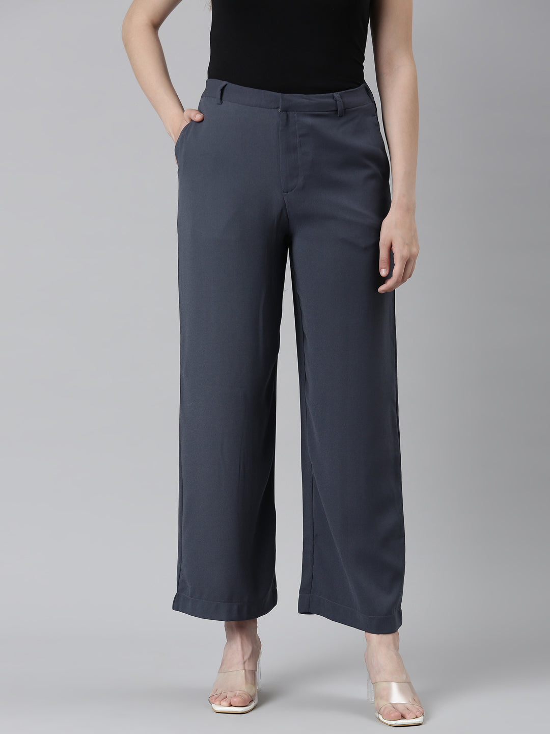 Women Solid Dark Jean Blue High Rise Crepe Wide Pant