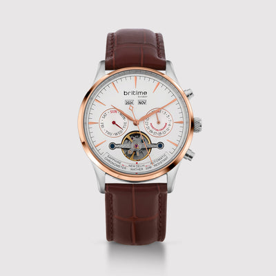 Celestial Men Automatic Silver Dial Chronograph Leather Watch 867-L30308