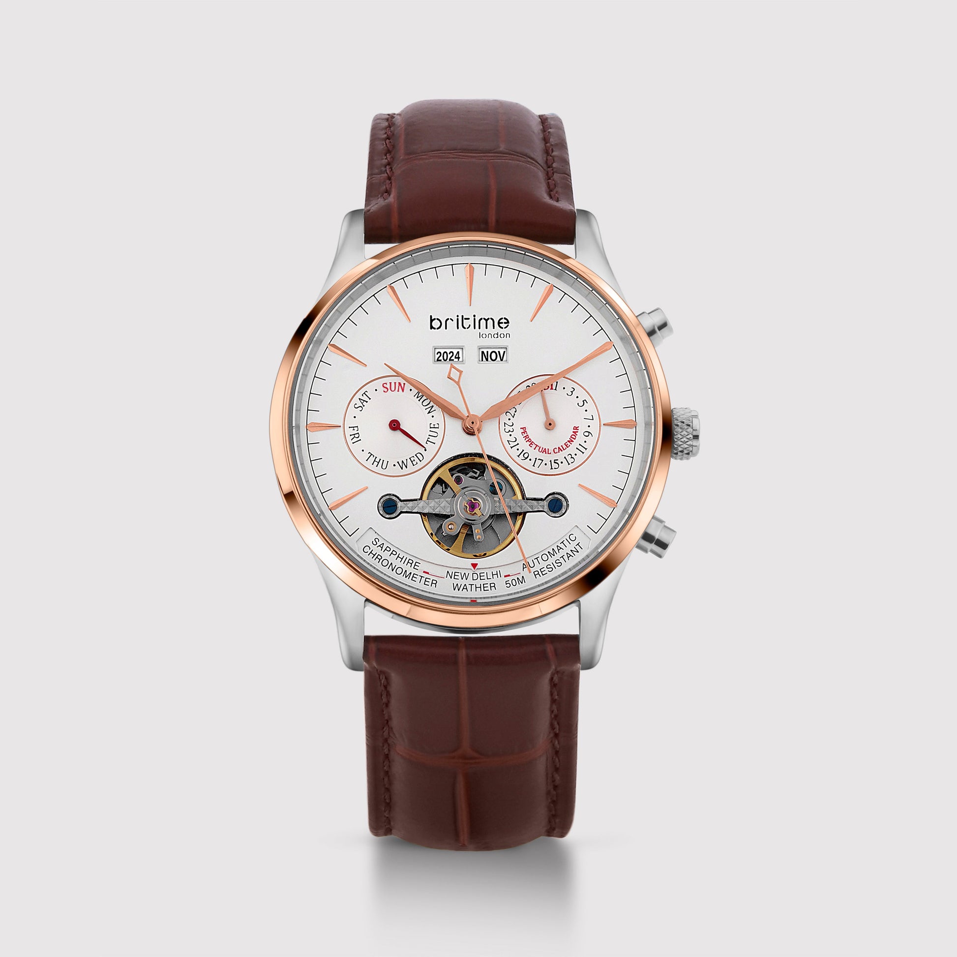 Celestial Men Automatic Silver Dial Chronograph Leather Watch 867-L30308