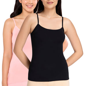 Spaghetti Strap Body Hugging Modal Camisole (Pack of 2) - Black - Impatiens Pink
