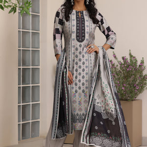 Grey Printed Silk Blend Straight Suit With Dupatta