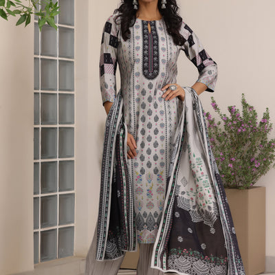 Grey Printed Silk Blend Straight Suit With Dupatta