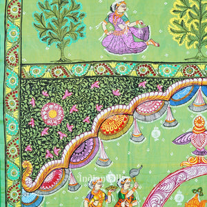 Parrot Green Dual Tone Ardha Chandra Krishna Rasa Leela Hand-Painted Pattachitra Saree (Pre Order)