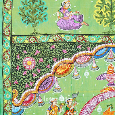 Parrot Green Dual Tone Ardha Chandra Krishna Rasa Leela Hand-Painted Pattachitra Saree (Pre Order)