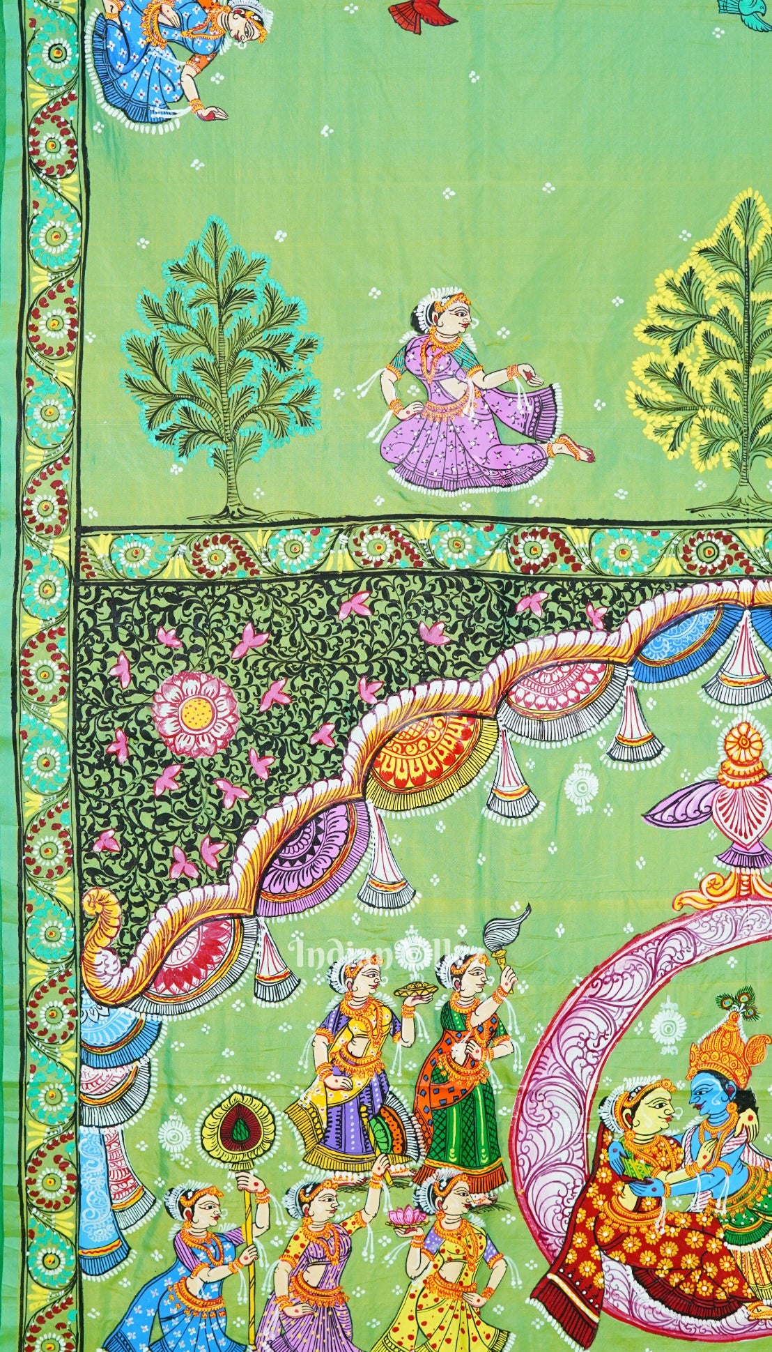 Parrot Green Dual Tone Ardha Chandra Krishna Rasa Leela Hand-Painted Pattachitra Saree (Pre Order)
