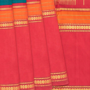 Viridian Handloom Korvai Silk Saree With Contrast Crimson Border