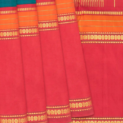 Viridian Handloom Korvai Silk Saree With Contrast Crimson Border