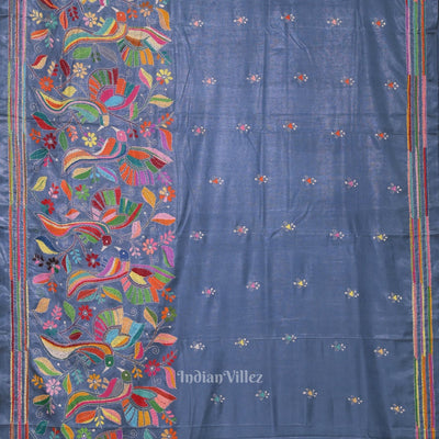 Light Blue Handwoven Kantha Stitch Silk Saree