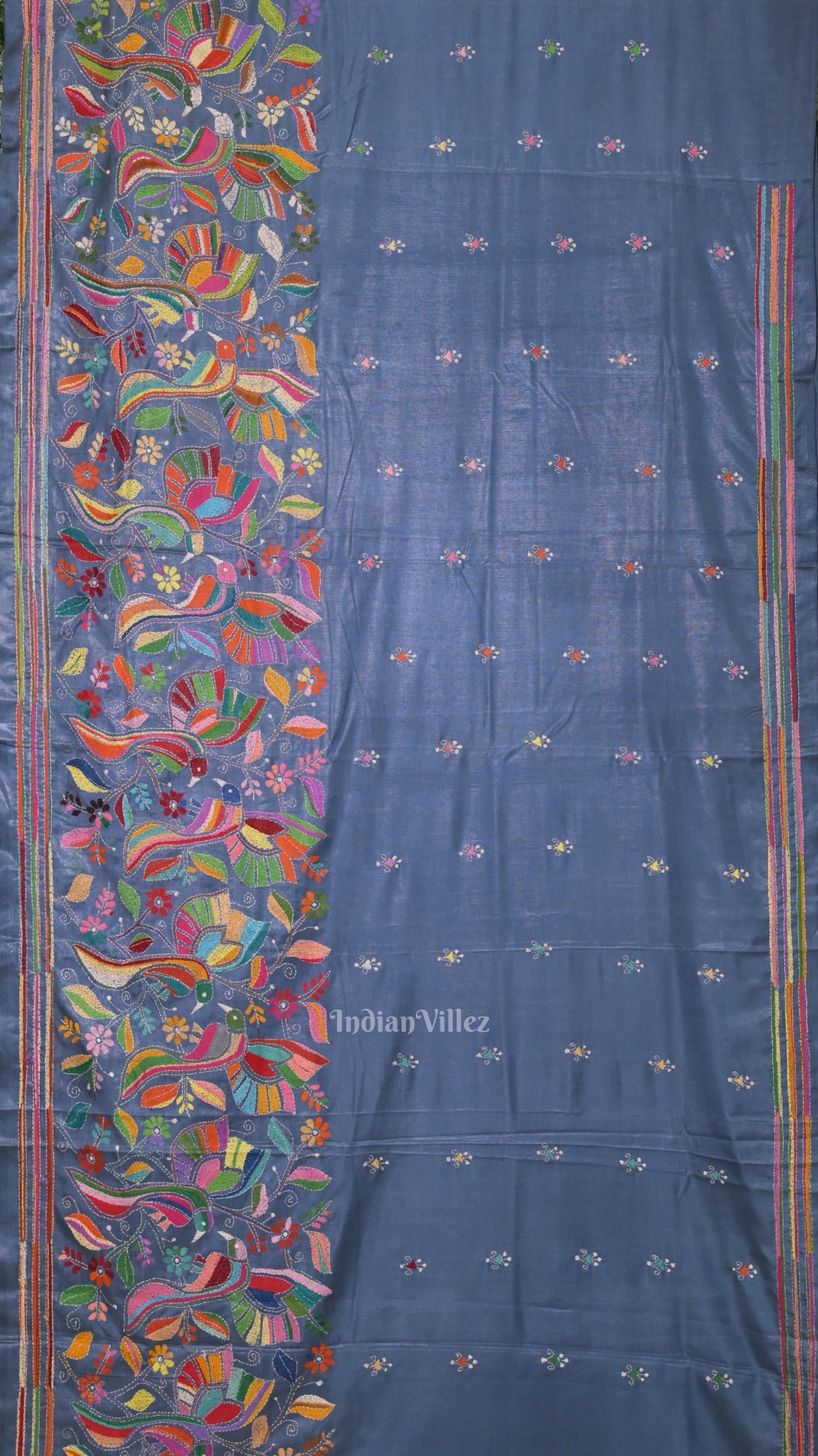 Light Blue Handwoven Kantha Stitch Silk Saree