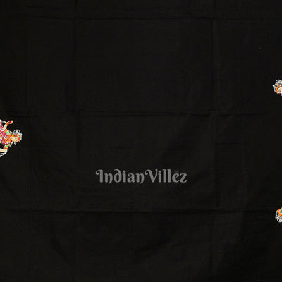 Black Ardha Chandra Krishna Rasa Leela Hand-Painted Pattachitra Saree