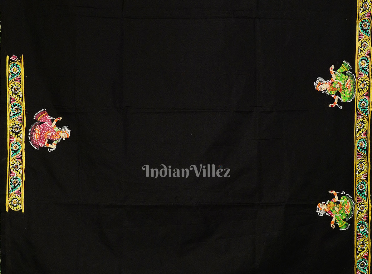 Black Ardha Chandra Krishna Rasa Leela Hand-Painted Pattachitra Saree