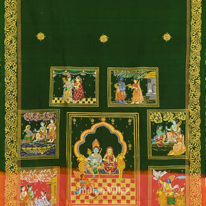 Green With Light Pink Ramayan Theme Hand-Painted Pattachitra Saree
