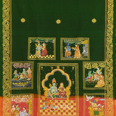 Green With Light Pink Ramayan Theme Hand-Painted Pattachitra Saree