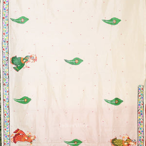 Red White Radha Krishna  Peacock Design Hand-Painted Pattachitra Saree