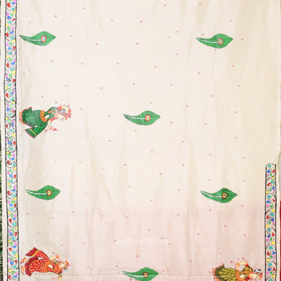 Red White Radha Krishna  Peacock Design Hand-Painted Pattachitra Saree