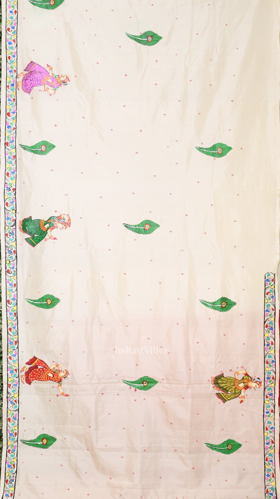 Red White Radha Krishna  Peacock Design Hand-Painted Pattachitra Saree