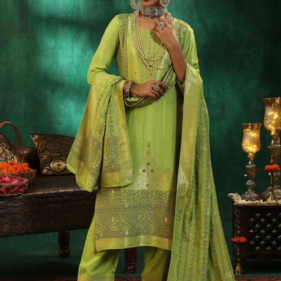 Green Woven Design Silk Blend Straight Suit With Dupatta