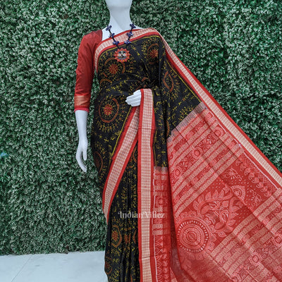 Deep Black Red Tribal Theme Sambalpuri Silk saree