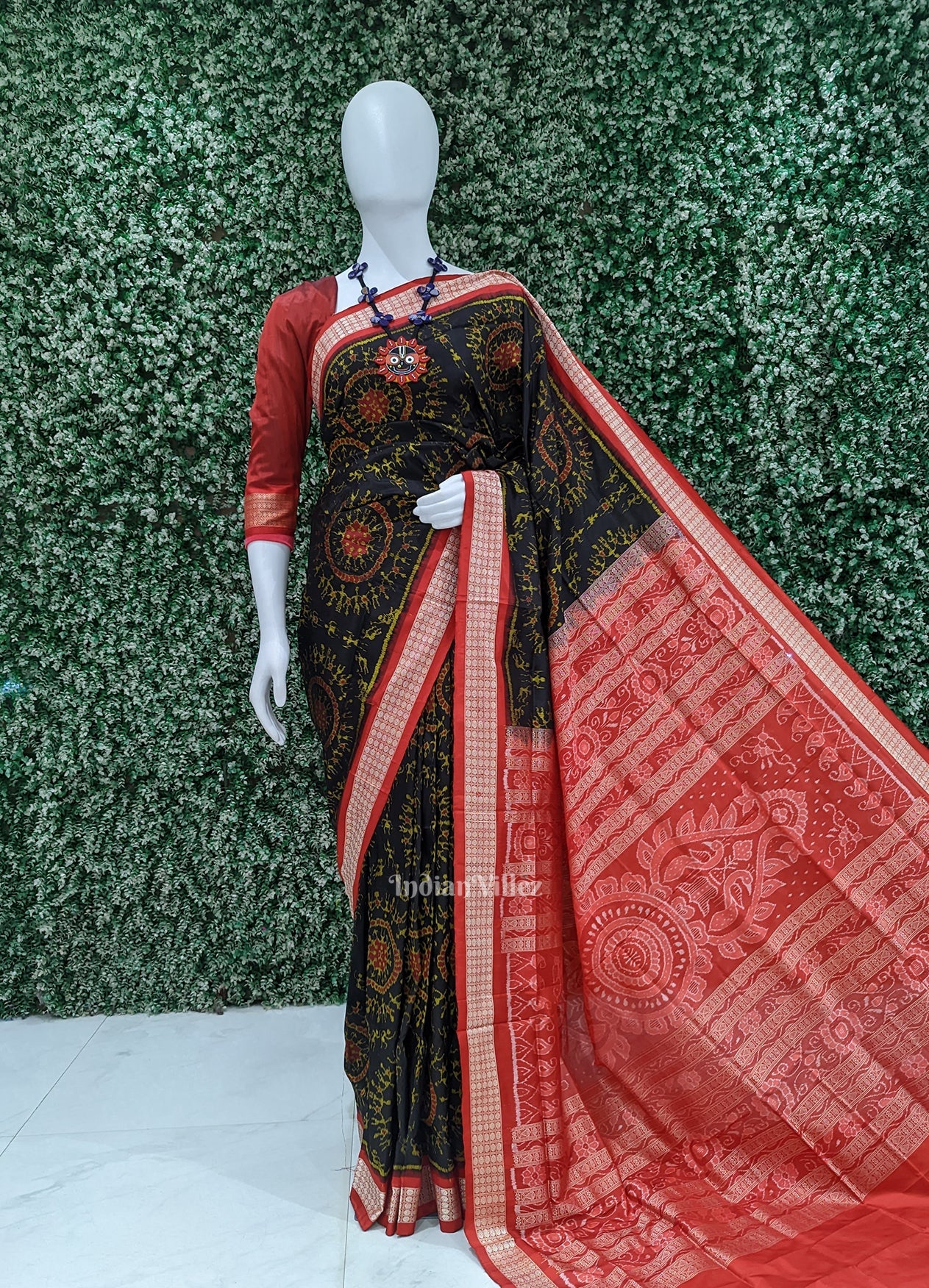 Deep Black Red Tribal Theme Sambalpuri Silk saree