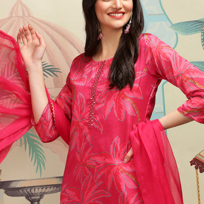 Floral Printed Round Neck Mirror Work Straight Kurta with Trousers & Dupatta