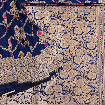 Deep Blue Meenakari Pure Mashru Satin Silk Banarasi Saree