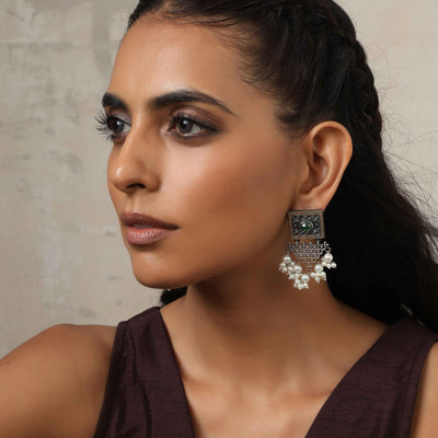 trueBrowns Silver Gold Tone Floral Silver Jaal Dangle Earrings