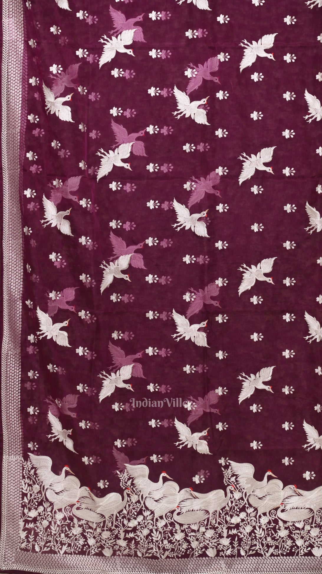 Dark Wine Parsi Gara Floral Motif Hand Embroidered Saree