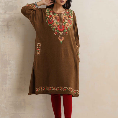 trueBrowns Brown Kashmiri Floral Embroidered Woollen Phiran Kurta