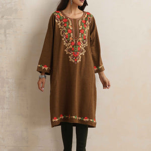 trueBrowns Brown Kashmiri Embroidered Woollen Phiran Kurta