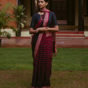 Maroon Handloom Bengal Cotton Saree With Red and Black Gradient stripes
