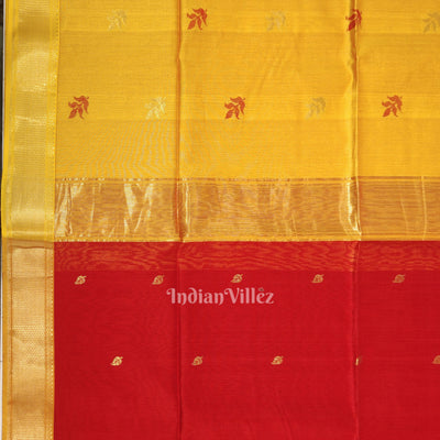 Deep Red Yellow Pure Silk Cotton Maheshwari Saree