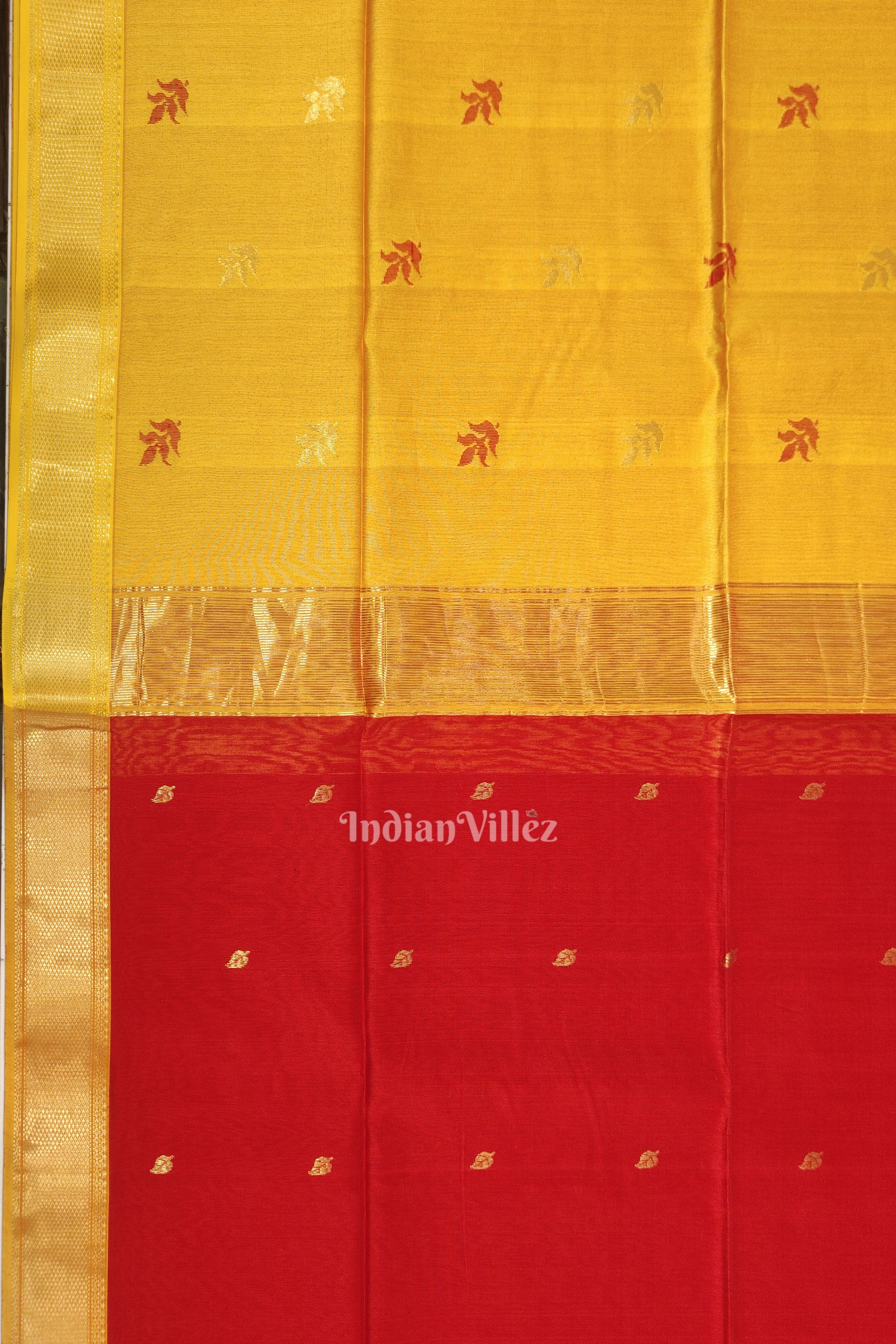 Deep Red Yellow Pure Silk Cotton Maheshwari Saree