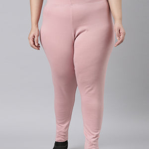 Women Solid Baby Pink Ribbed Warm Leggings